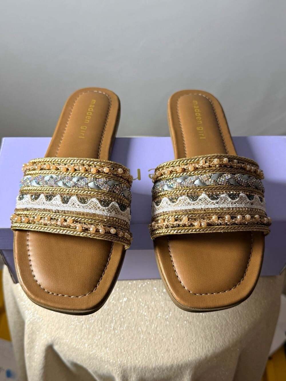 Madden Girl Women's Tan/Gold Rhinestone Beaded Slide Sandals Open Toe Size 7